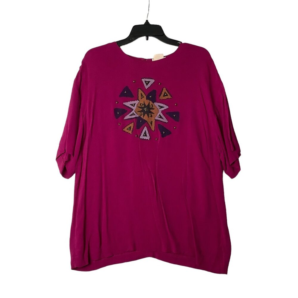 Vtg INFO Women Aztec Metallic Accents Blouse Top Magenta‎ USA Made Cotton Blend